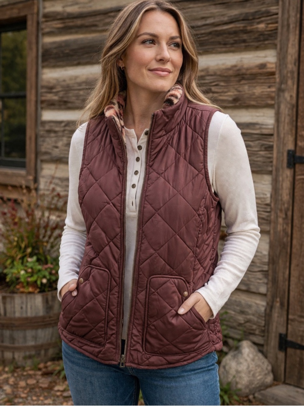 🐣5/$25-Maurices Reversible Burgundy and Aztec Quilted Vest